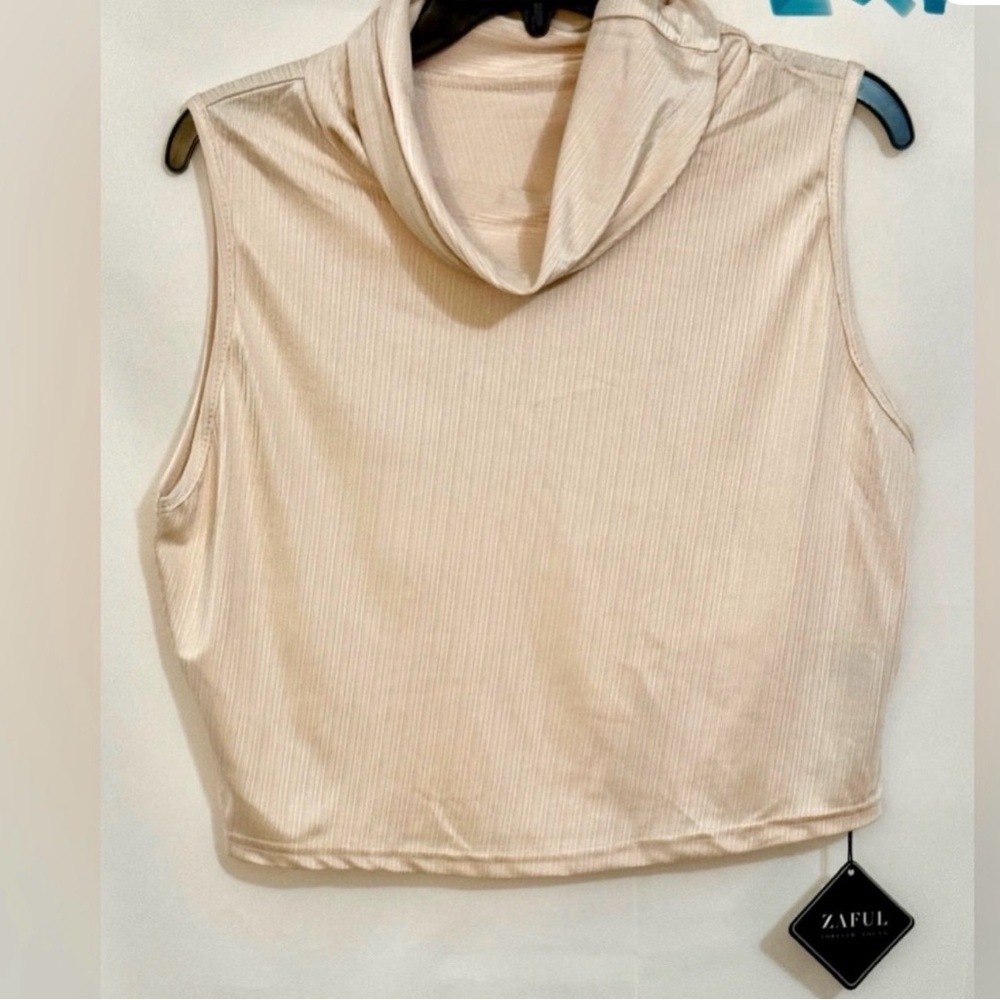 Zaful Cream Ribbed Sleeveless Cowl Neck Crop Tank